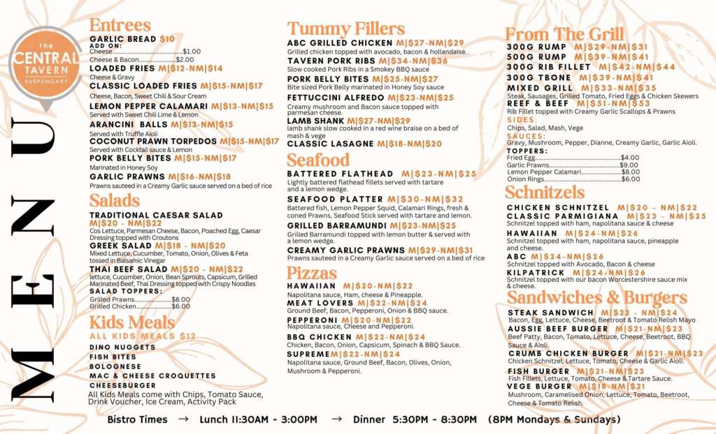 The Central Tavern Burpengary Main Menu